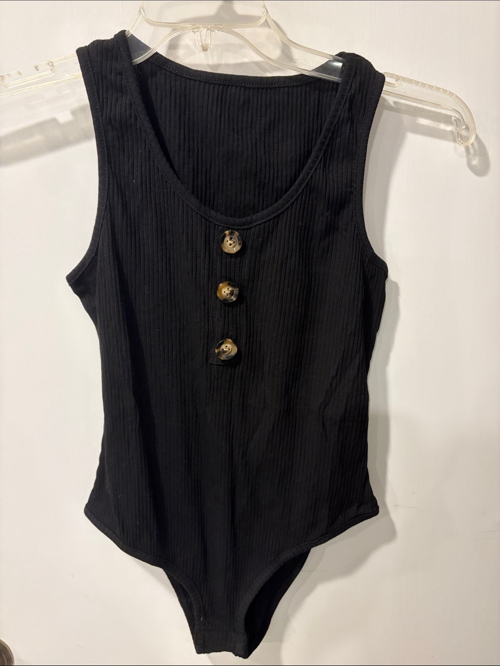 Black Ribbed Tank Bodysuit with Button Front size M sleeveless